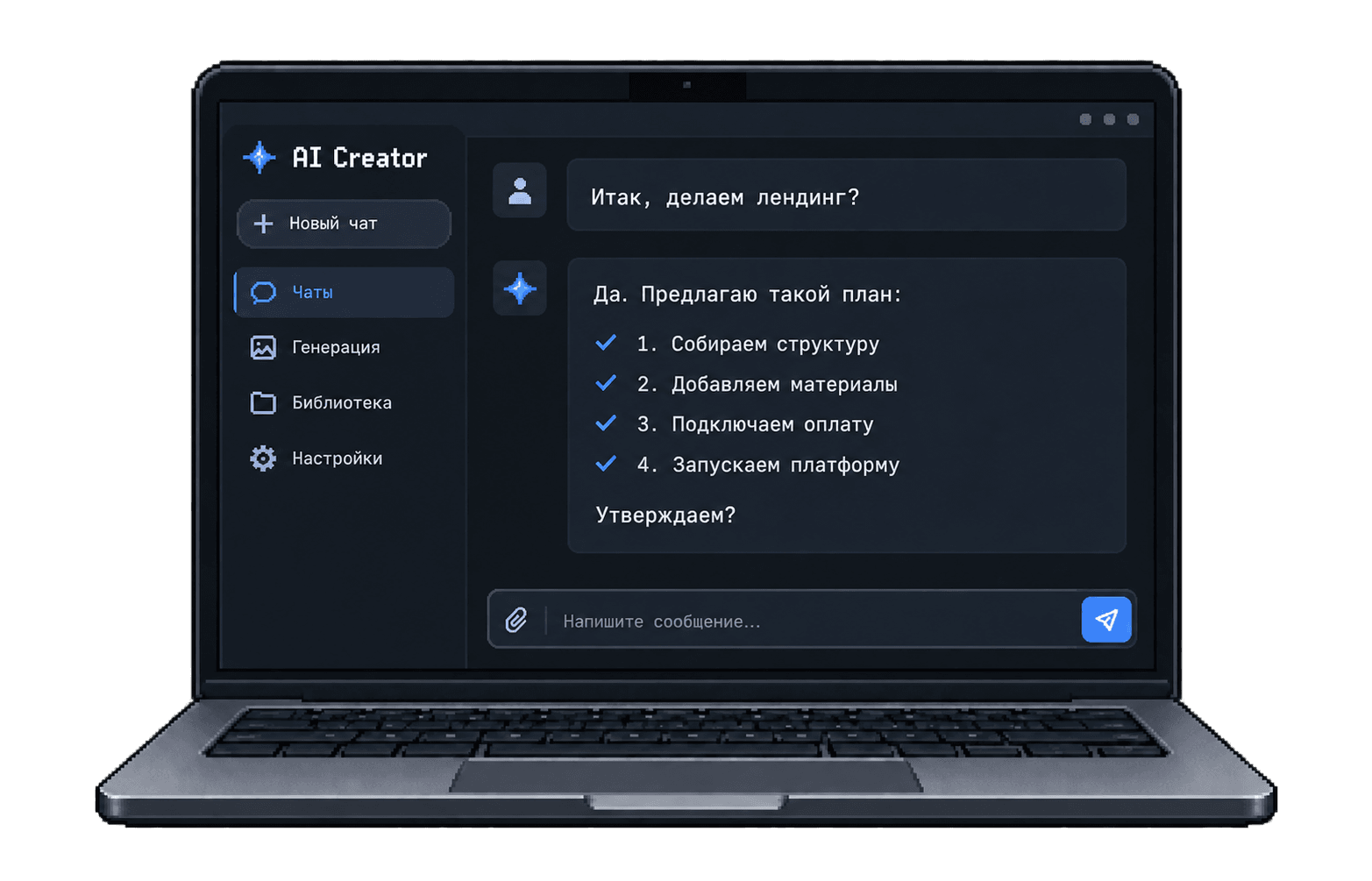 Тёмно-серый пиксельный ноутбук с планом запуска AI-платформы